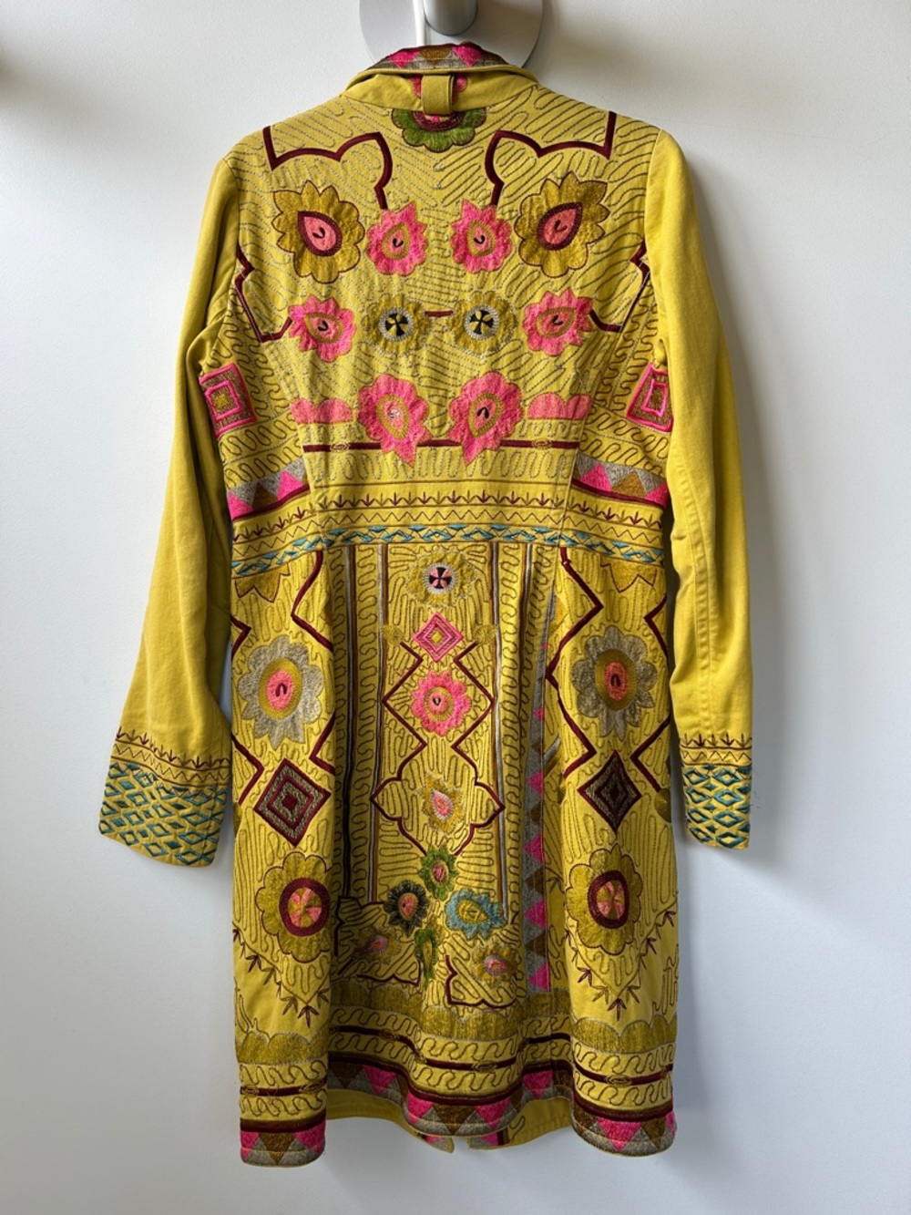 Vintage Embroidered Chartreuse & Pink Women's Denim Duster - Picture 4 of 8
